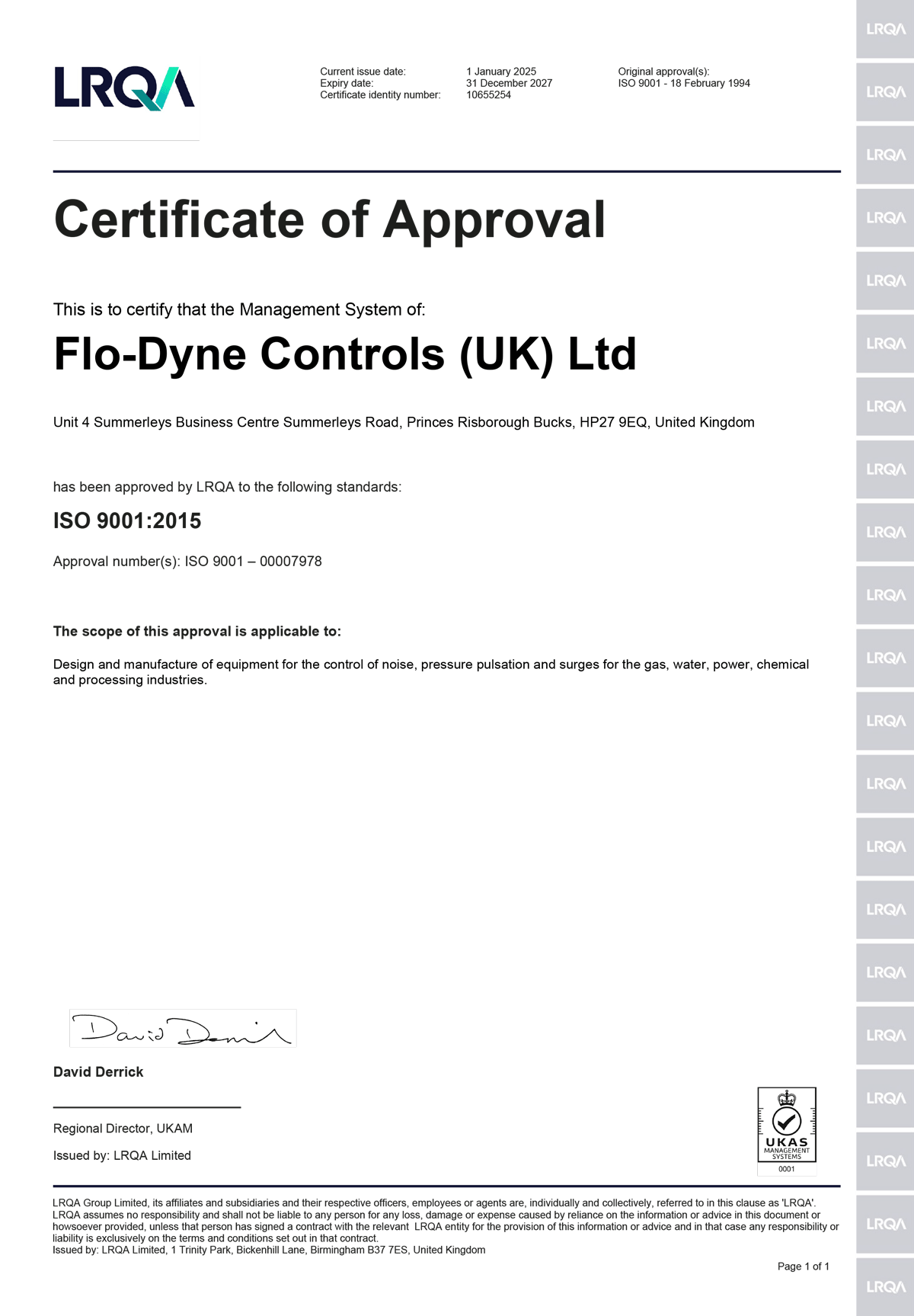 Flo-Dyne UK ISO9001 Certificate